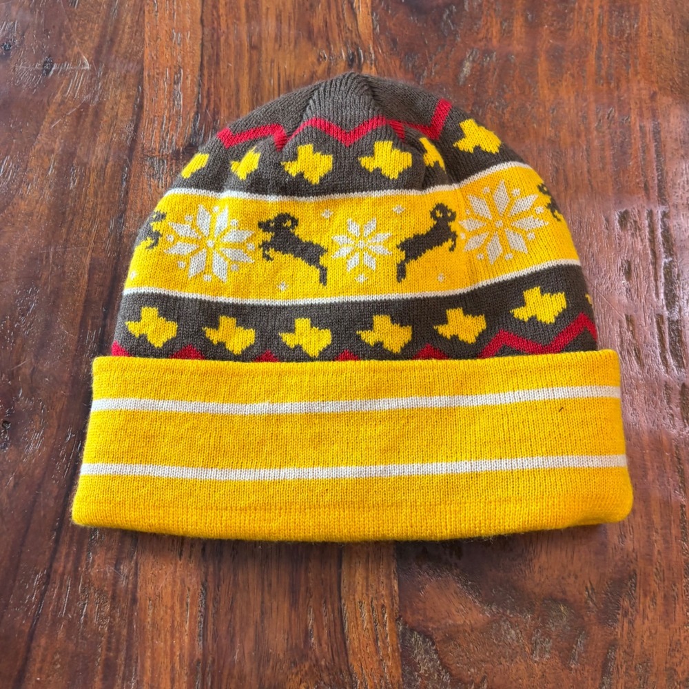 Shiner Bock Texas Beer Rare Fair Isle Knit Beanie Yellow Brown Ram Snowflake Hat - Picture 2 of 5